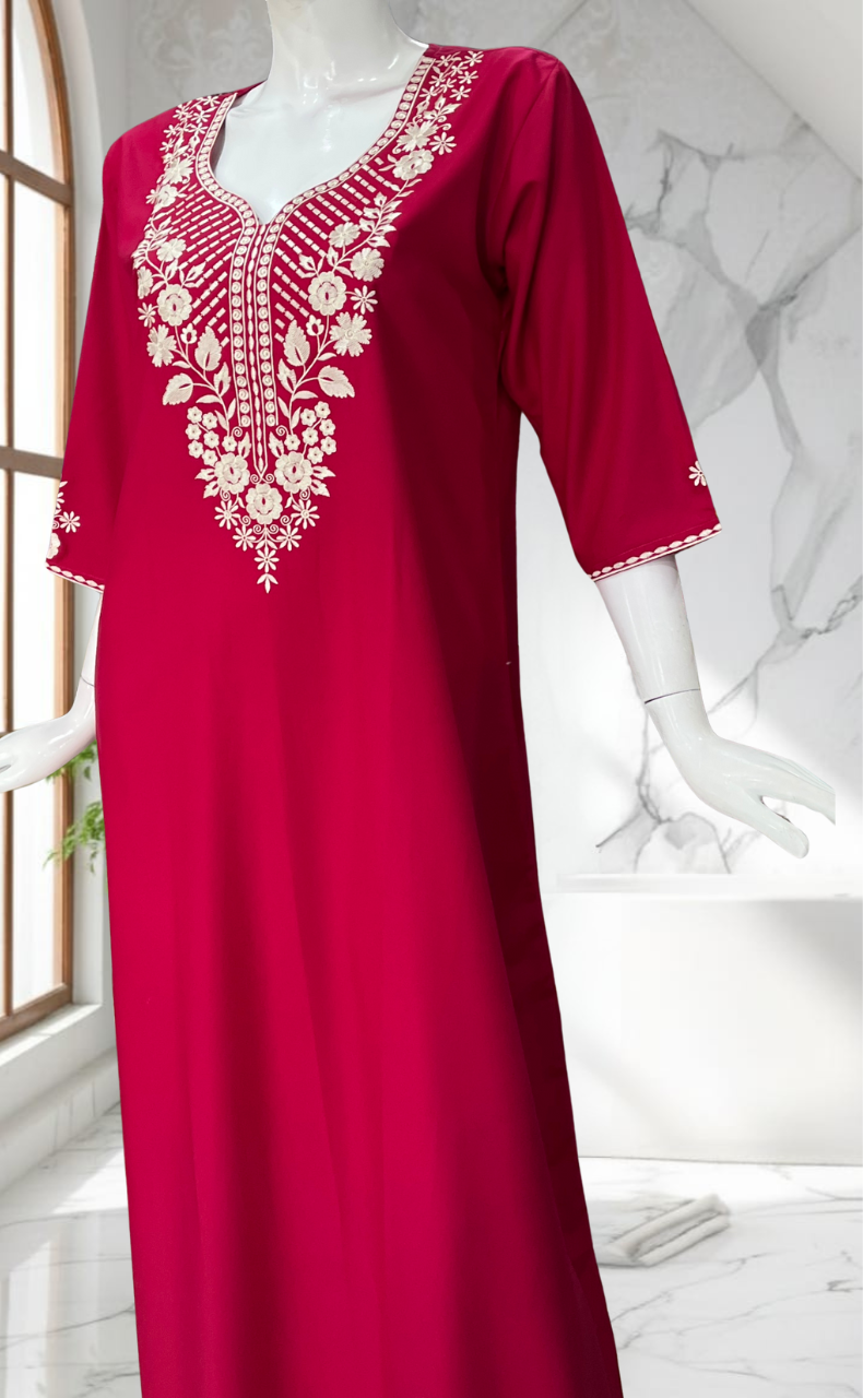 Tomato Red Embroidery Soft Cotton Nighty. Soft Breathable Fabric | Laces and Frills