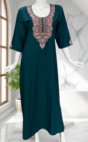 Teal Blue Embroidery Soft Cotton Nighty. Soft Breathable Fabric | Laces and Frills