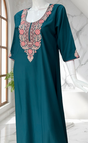 Teal Blue Embroidery Soft Cotton Nighty. Soft Breathable Fabric | Laces and Frills
