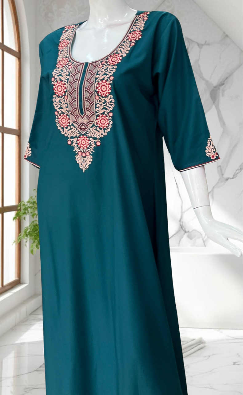 Teal Blue Embroidery Soft Cotton Nighty. Soft Breathable Fabric | Laces and Frills