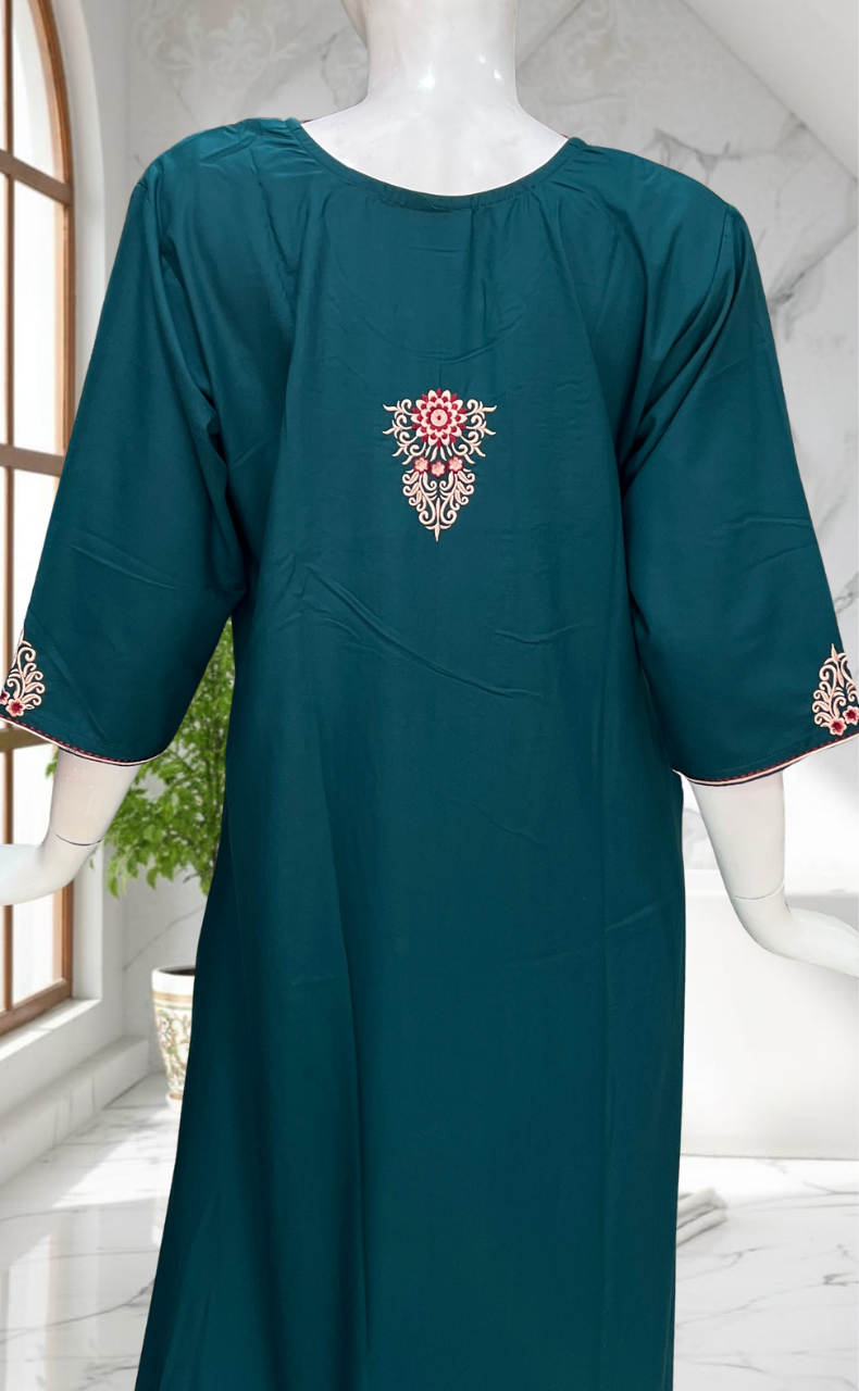 Teal Blue Embroidery Soft Cotton Nighty. Soft Breathable Fabric | Laces and Frills