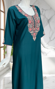 Teal Blue Embroidery Soft Cotton Nighty. Soft Breathable Fabric | Laces and Frills