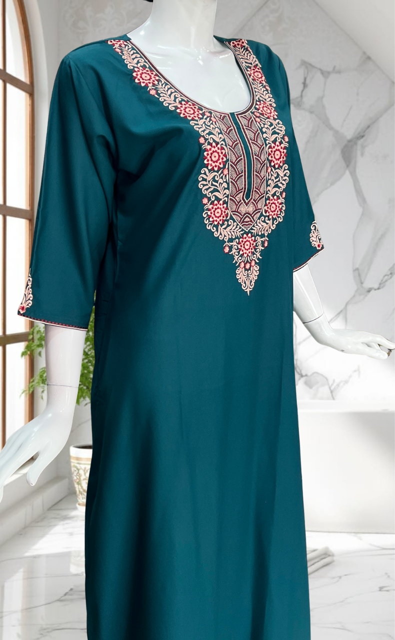 Teal Blue Embroidery Soft Cotton Nighty. Soft Breathable Fabric | Laces and Frills