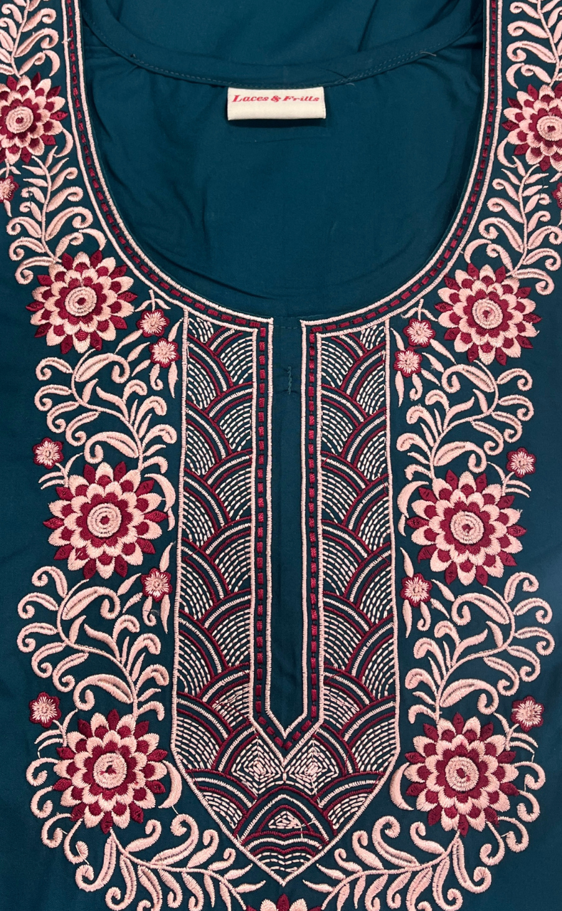 Teal Blue Embroidery Soft Cotton Nighty. Soft Breathable Fabric | Laces and Frills