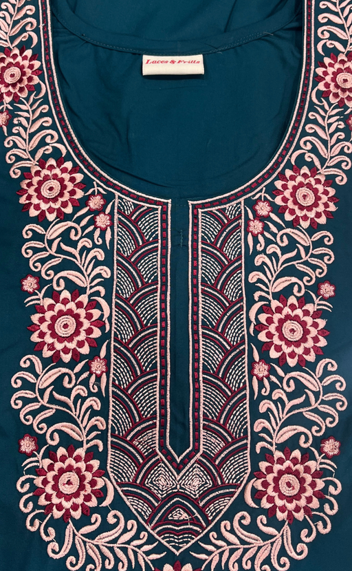 Teal Blue Embroidery Soft Cotton Nighty. Soft Breathable Fabric | Laces and Frills