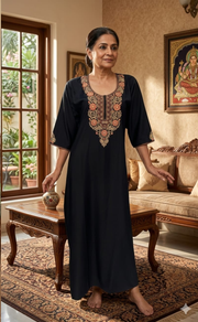 Black Embroidery Soft Cotton Long Sleeves Nighty. Soft Breathable Fabric | Laces and Frills - Laces and Frills