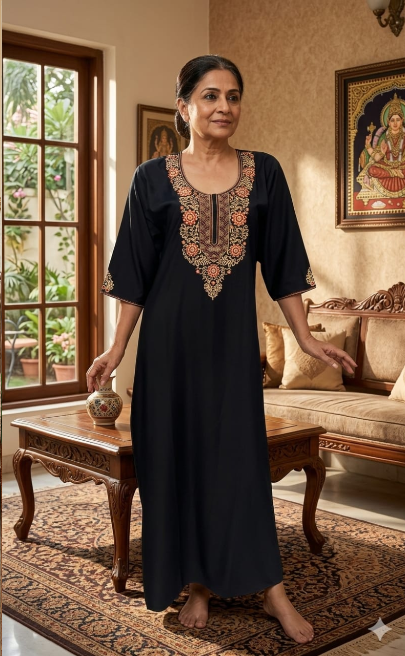 Black Embroidery Soft Cotton Long Sleeves Nighty. Soft Breathable Fabric | Laces and Frills - Laces and Frills