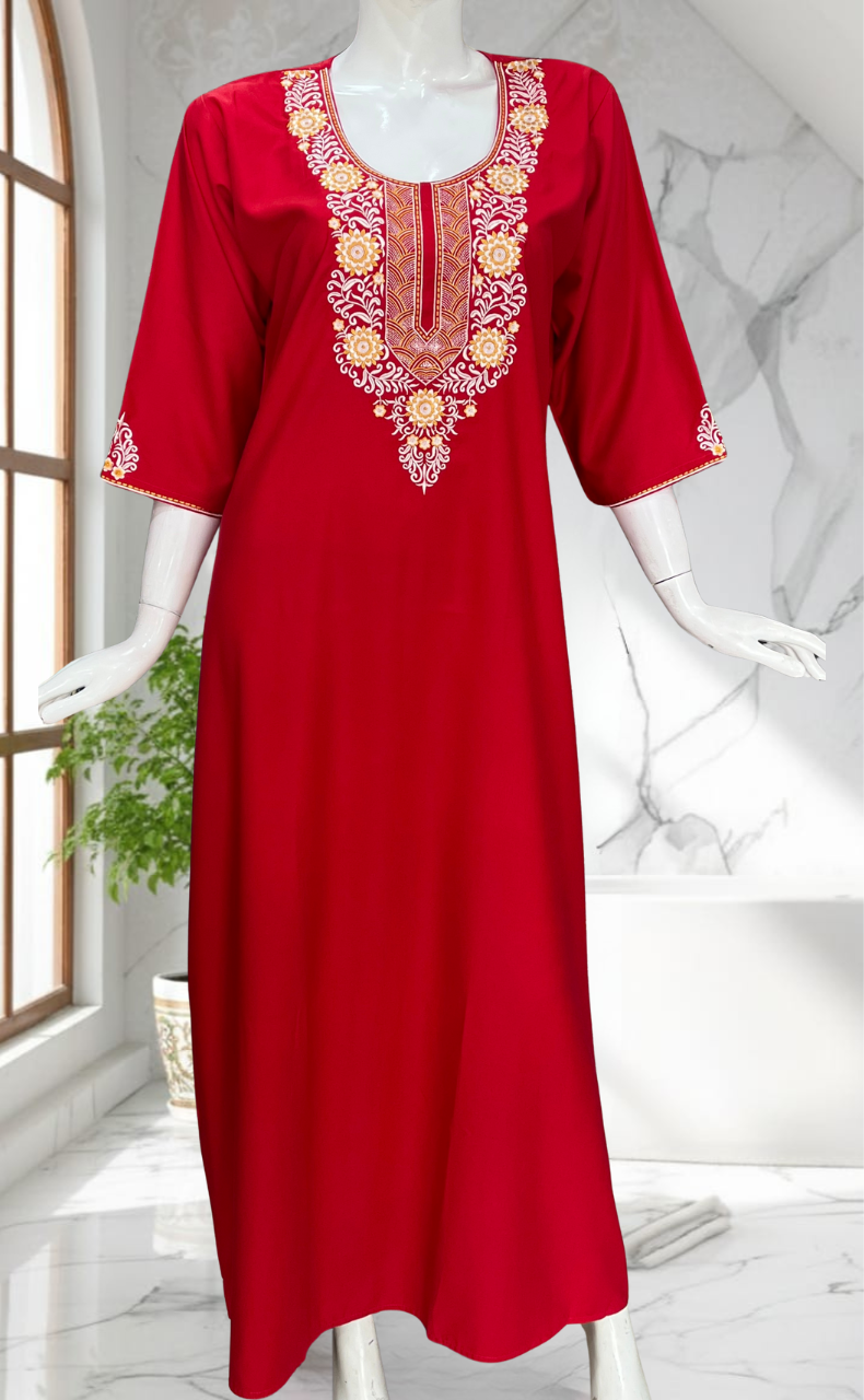 Red Embroidery Soft Cotton Nighty. Soft Breathable Fabric | Laces and Frills