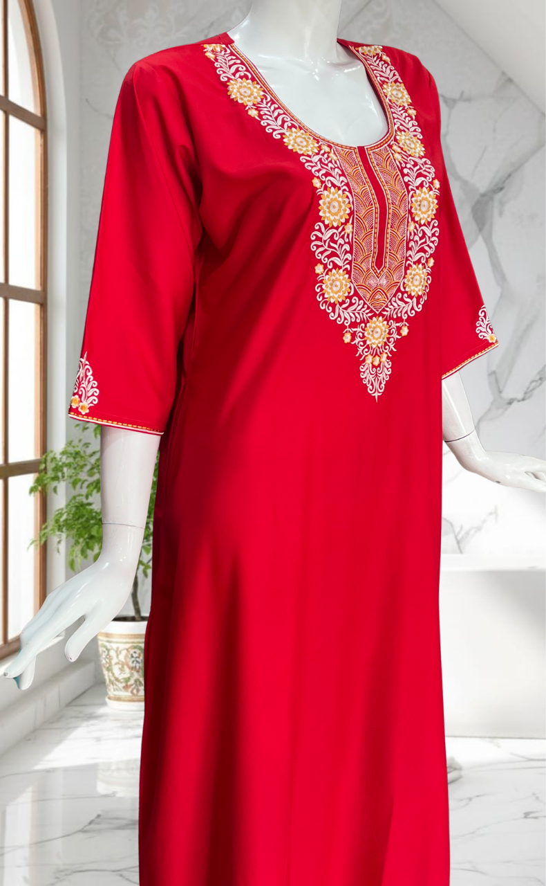 Red Embroidery Soft Cotton Nighty. Soft Breathable Fabric | Laces and Frills