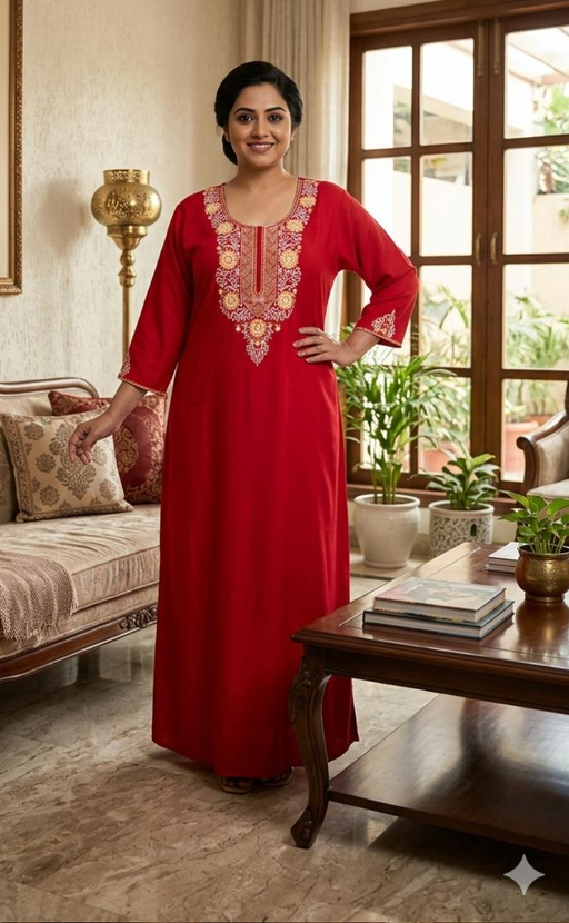Red Embroidery Soft Cotton Long Sleeves Nighty. Soft Breathable Fabric | Laces and Frills - Laces and Frills