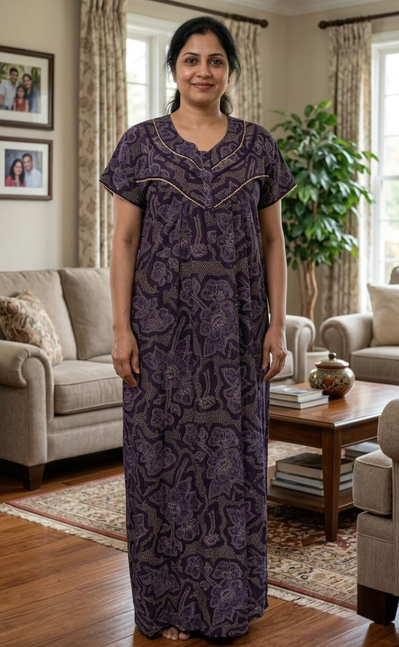 Violet Batik Pure Cotton Nighty. Pure Durable Cotton | Laces and Frills