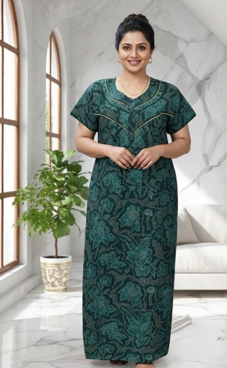Teal Green Batik Pure Cotton Nighty. Pure Durable Cotton | Laces and Frills