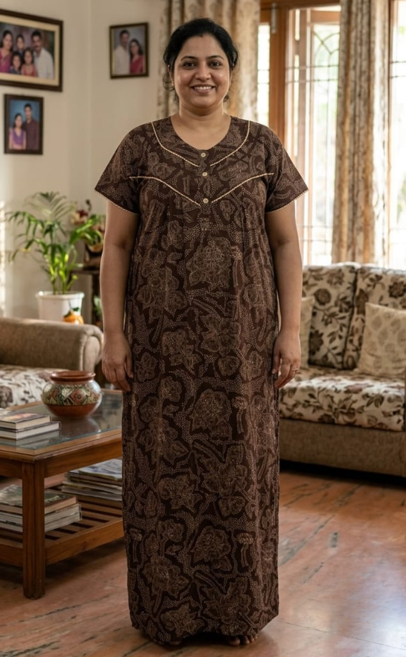 Brown Batik Pure Cotton Nighty. Pure Durable Cotton | Laces and Frills