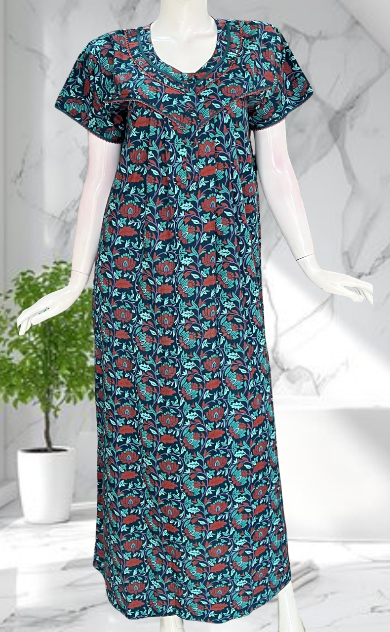 Navy Blue Garden Pure Cotton Nighty. Pure Durable Cotton | Laces and Frills