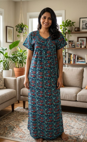 Navy Blue Garden Pure Cotton Nighty. Pure Durable Cotton | Laces and Frills - Laces and Frills