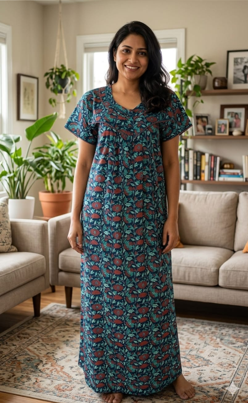 Navy Blue Garden Pure Cotton Nighty. Pure Durable Cotton | Laces and Frills - Laces and Frills