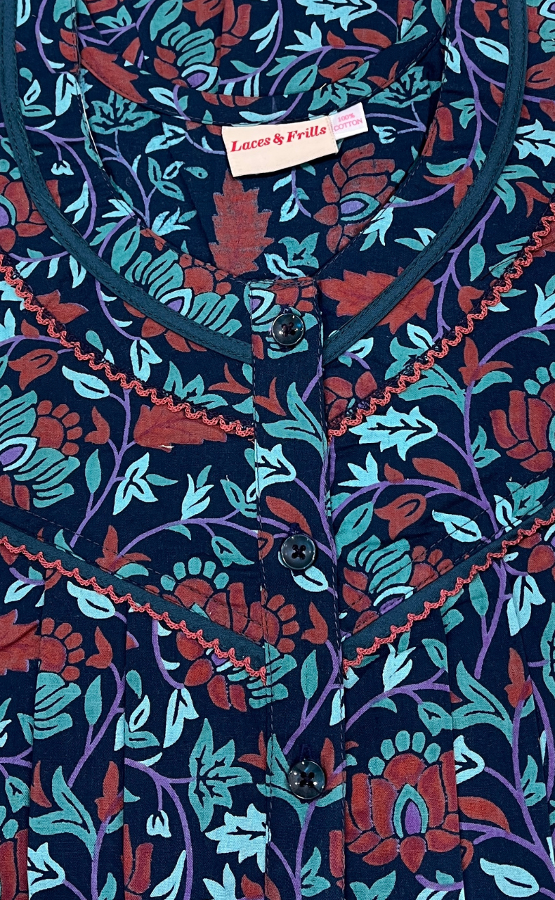Navy Blue Garden Pure Cotton Nighty. Pure Durable Cotton | Laces and Frills