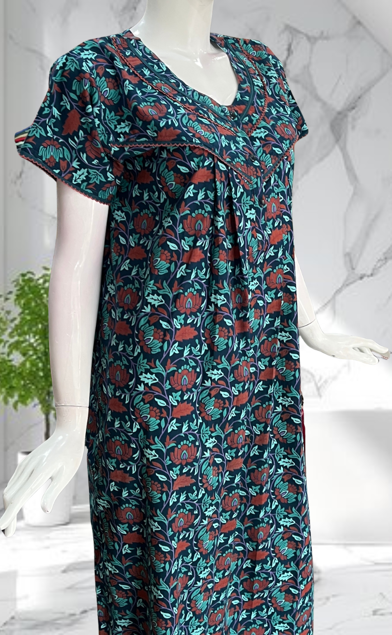 Navy Blue Garden Pure Cotton Nighty. Pure Durable Cotton | Laces and Frills