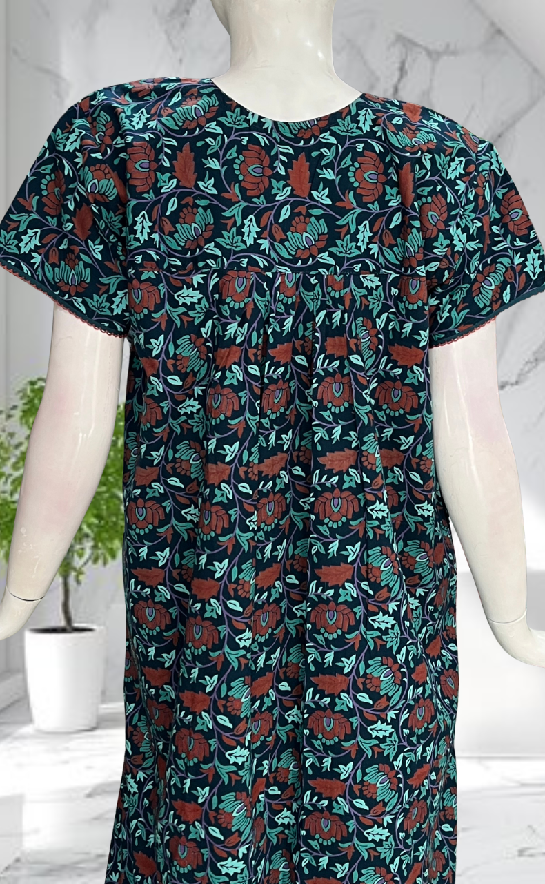 Navy Blue Garden Pure Cotton Nighty. Pure Durable Cotton | Laces and Frills