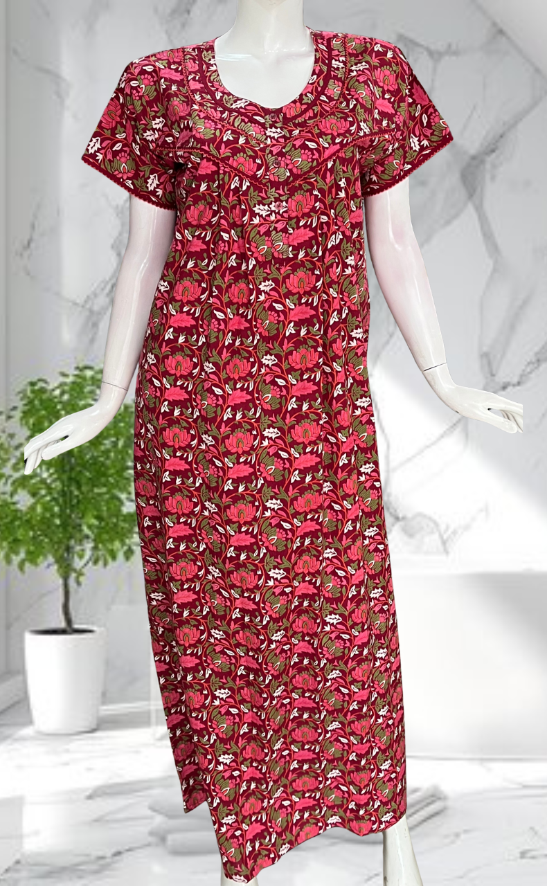 Maroon Garden Pure Cotton Nighty. Pure Durable Cotton | Laces and Frills