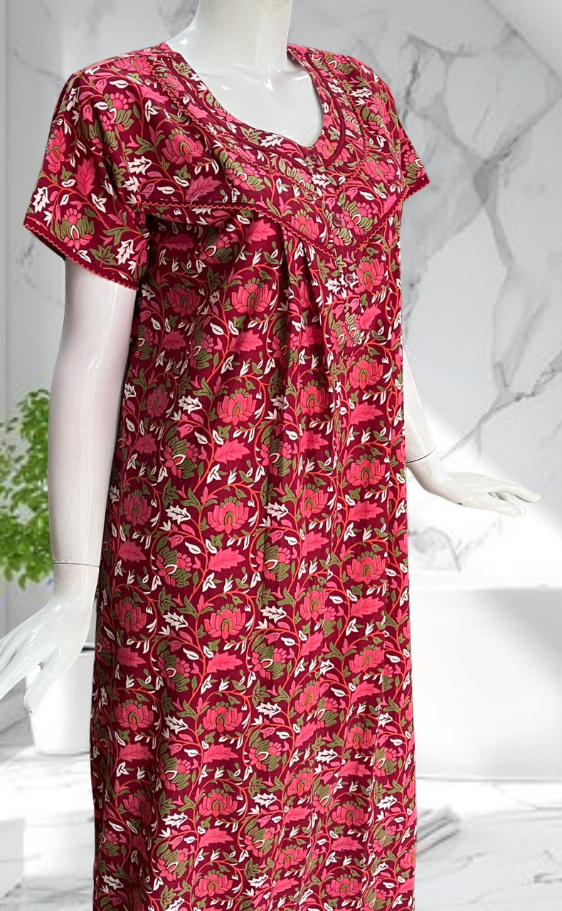Maroon Garden Pure Cotton Nighty. Pure Durable Cotton | Laces and Frills