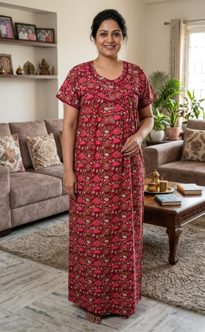 Maroon Garden Pure Cotton Nighty. Pure Durable Cotton | Laces and Frills