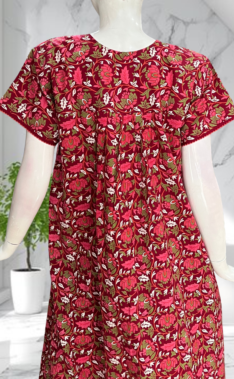 Maroon Garden Pure Cotton Nighty. Pure Durable Cotton | Laces and Frills