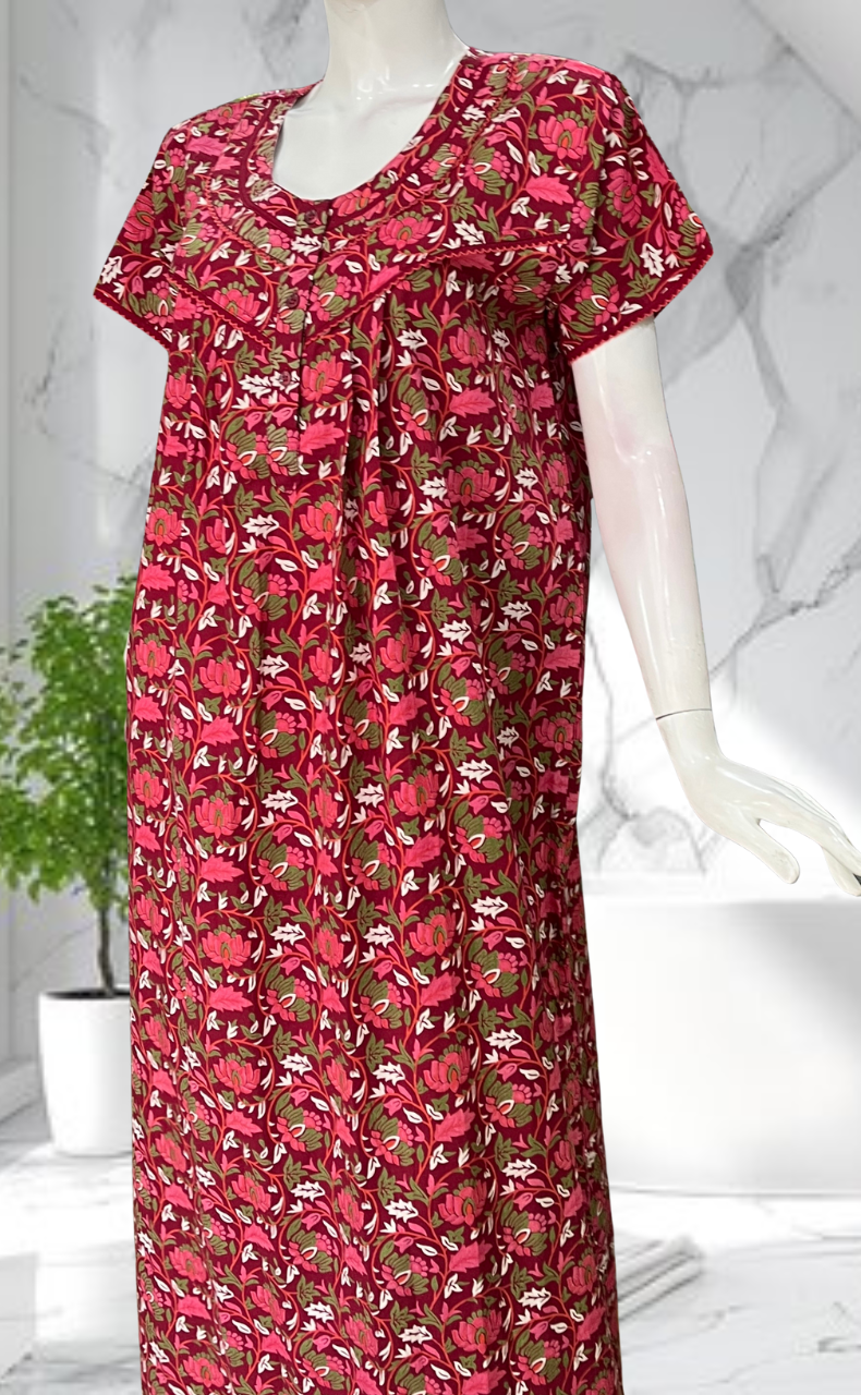 Maroon Garden Pure Cotton Nighty. Pure Durable Cotton | Laces and Frills