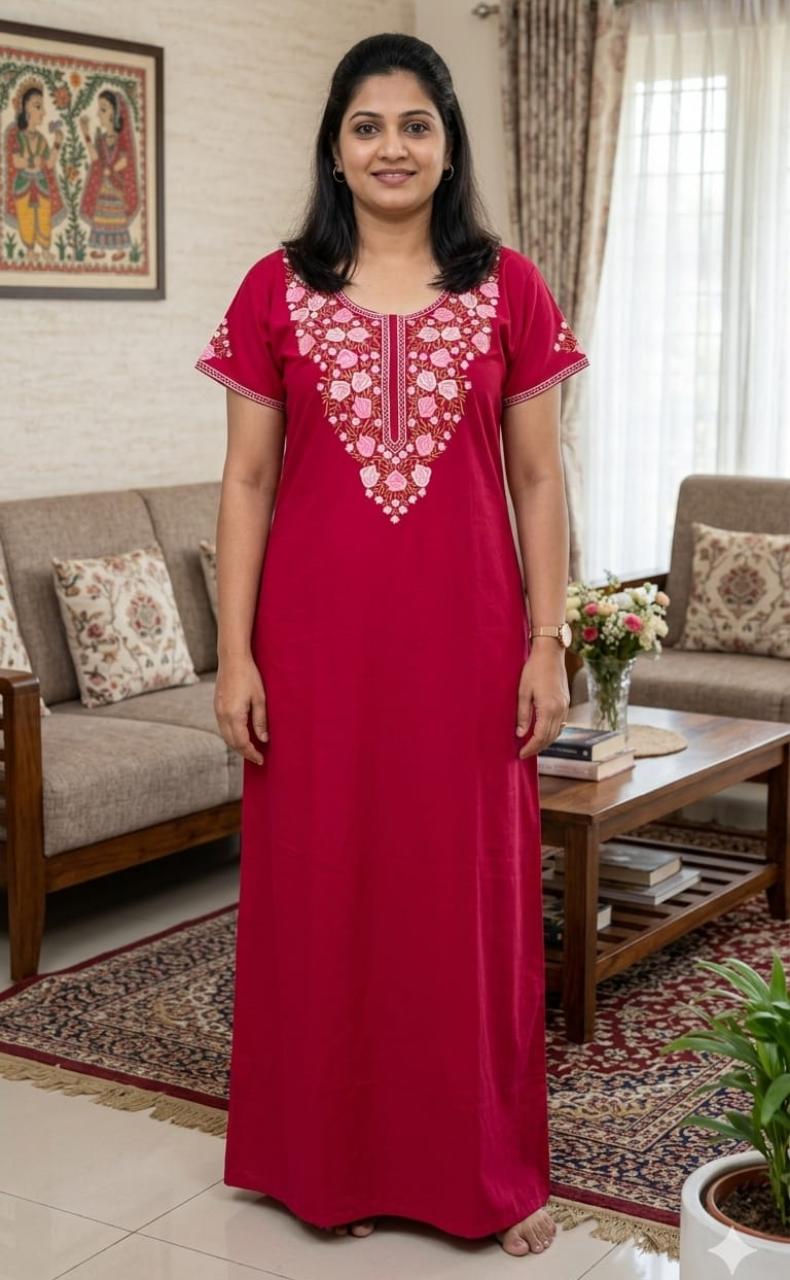 Rani Pink Embroidery Soft Cotton Nighty. Soft Breathable Fabric | Laces and Frills - Laces and Frills
