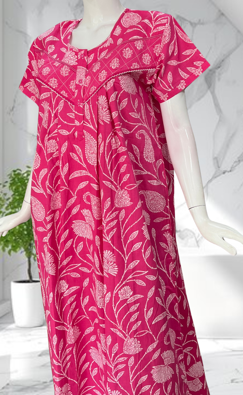 Pink Floral Pure Cotton Nighty. Pure Durable Cotton | Laces and Frills