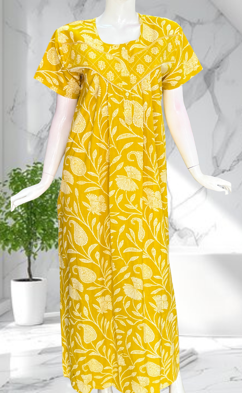 Yellow Floral Pure Cotton Nighty. Pure Durable Cotton | Laces and Frills