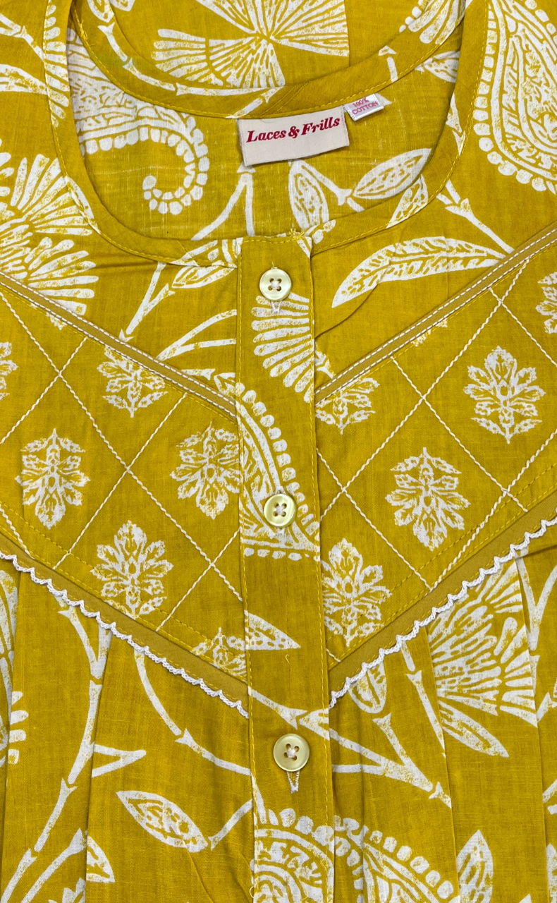 Yellow Floral Pure Cotton Nighty. Pure Durable Cotton | Laces and Frills