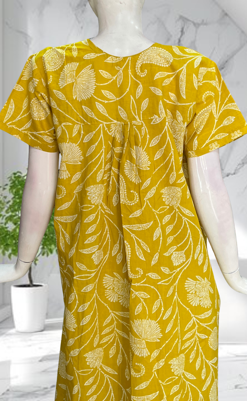 Yellow Floral Pure Cotton Nighty. Pure Durable Cotton | Laces and Frills