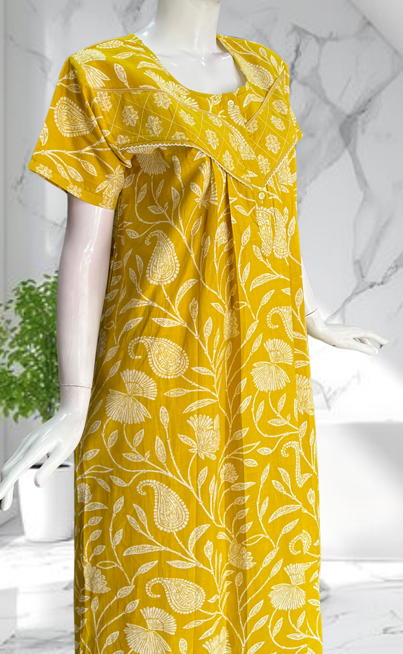 Yellow Floral Pure Cotton Nighty. Pure Durable Cotton | Laces and Frills