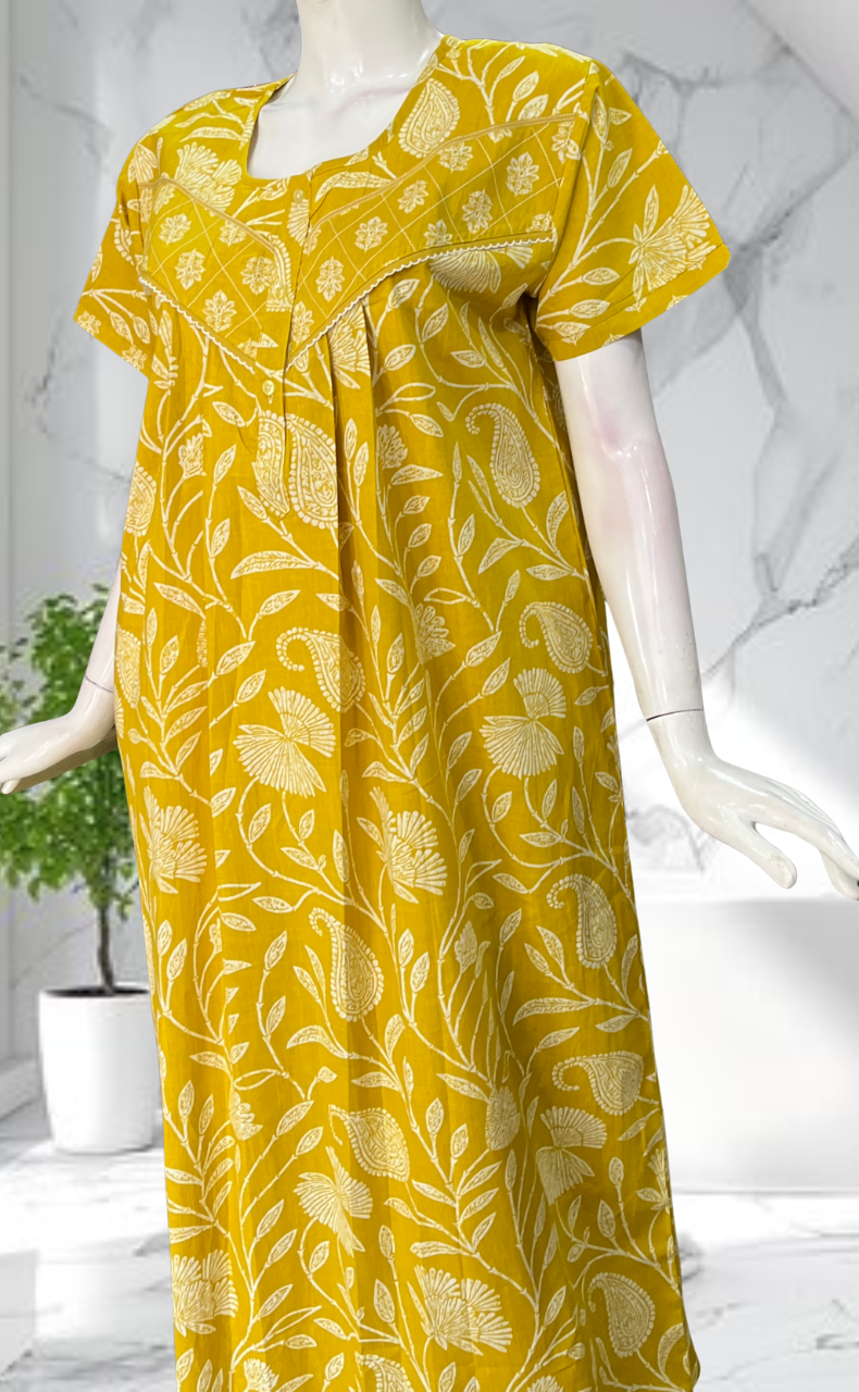 Yellow Floral Pure Cotton Nighty. Pure Durable Cotton | Laces and Frills