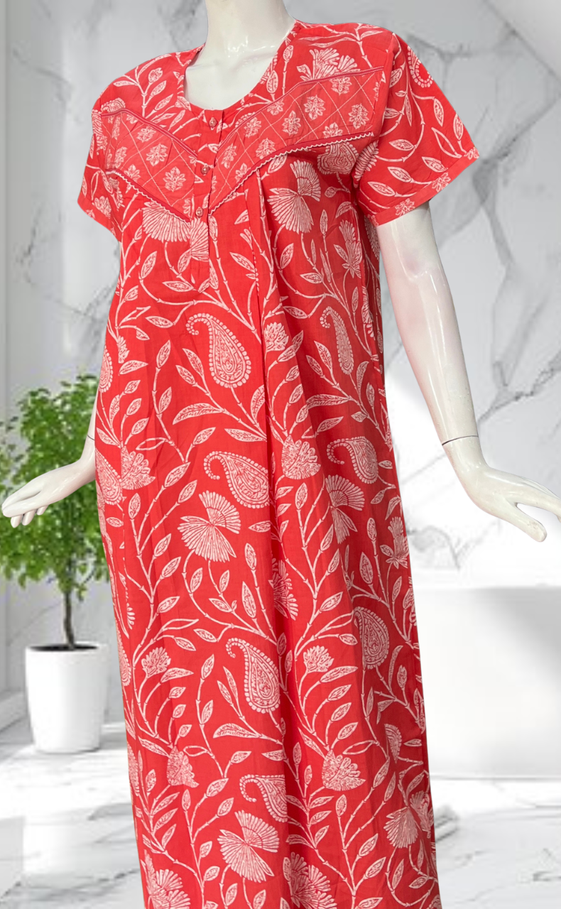 Peach Floral Pure Cotton Nighty. Pure Durable Cotton | Laces and Frills