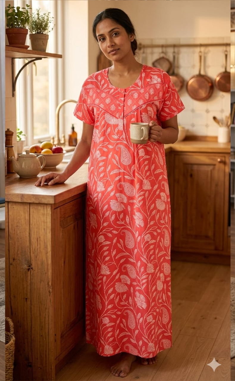 Peach Floral Pure Cotton Nighty. Pure Durable Cotton | Laces and Frills - Laces and Frills