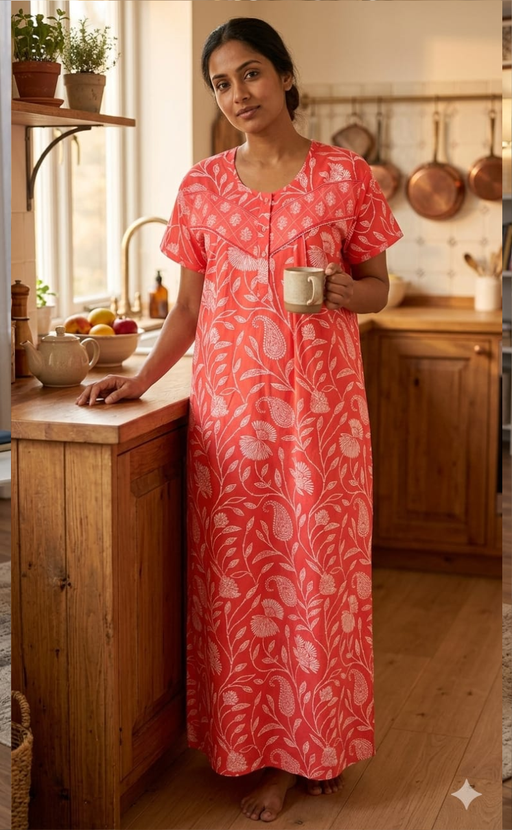 Peach Floral Pure Cotton Nighty. Pure Durable Cotton | Laces and Frills - Laces and Frills