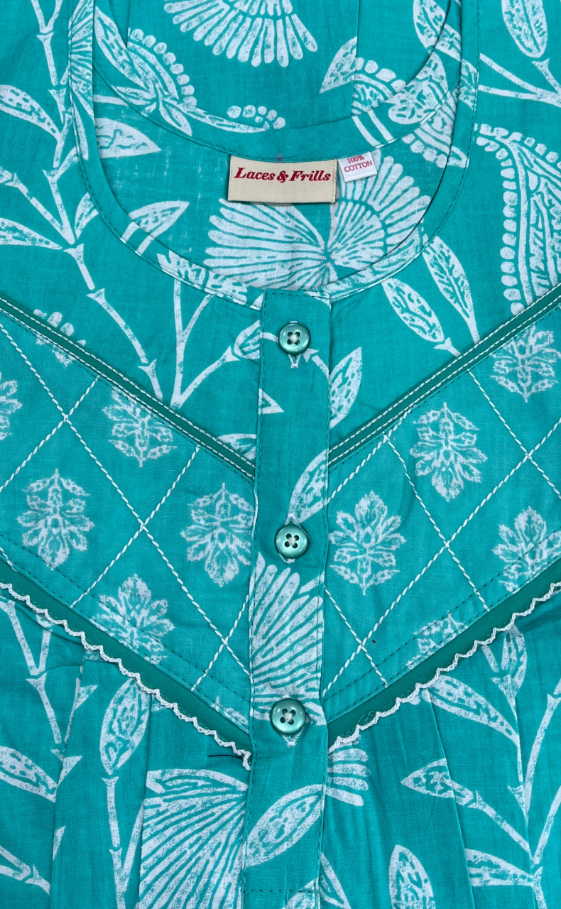 Sea Green Floral Pure Cotton Nighty. Pure Durable Cotton | Laces and Frills