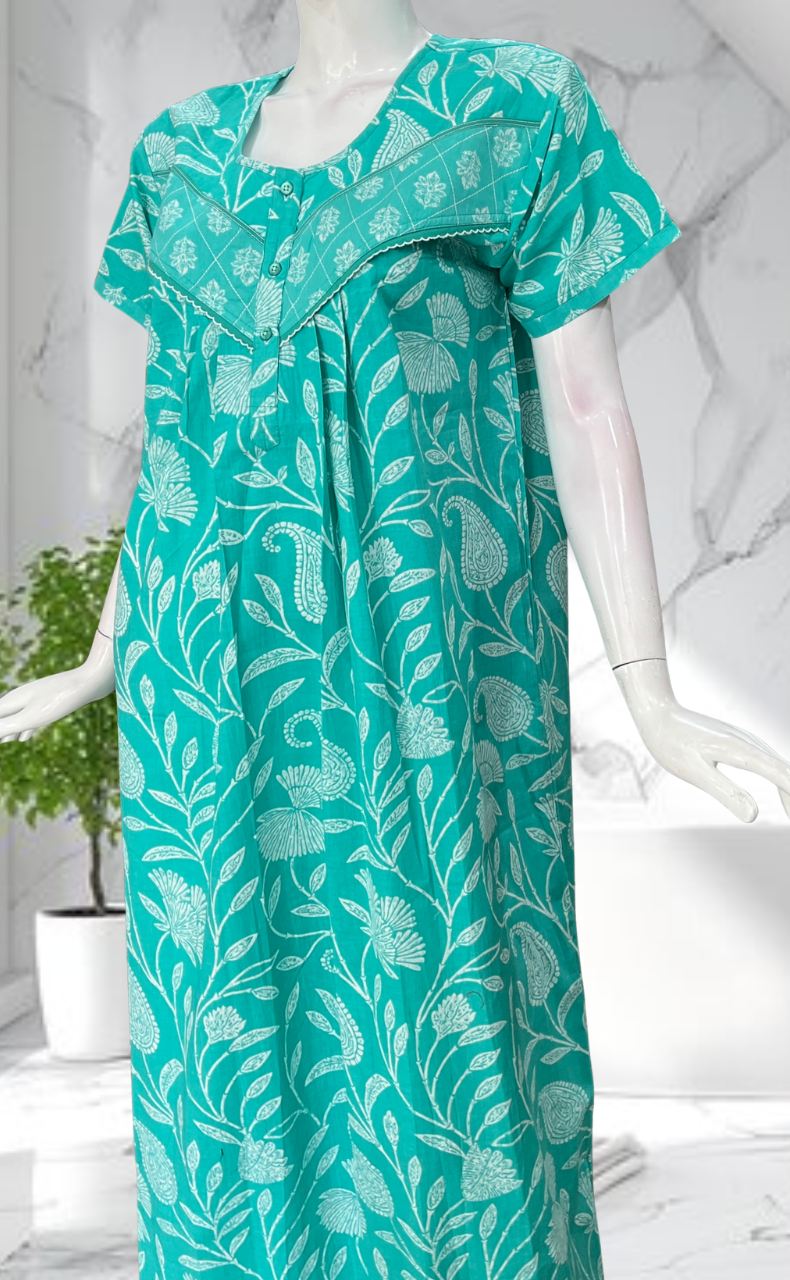 Sea Green Floral Pure Cotton Nighty. Pure Durable Cotton | Laces and Frills