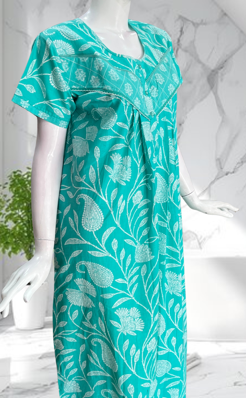 Sea Green Floral Pure Cotton Nighty. Pure Durable Cotton | Laces and Frills