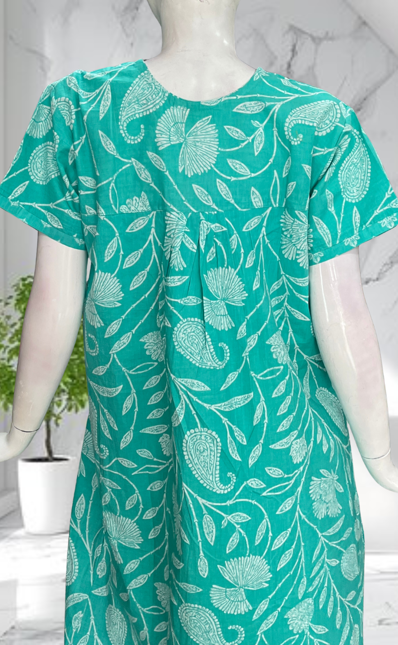 Sea Green Floral Pure Cotton Nighty. Pure Durable Cotton | Laces and Frills