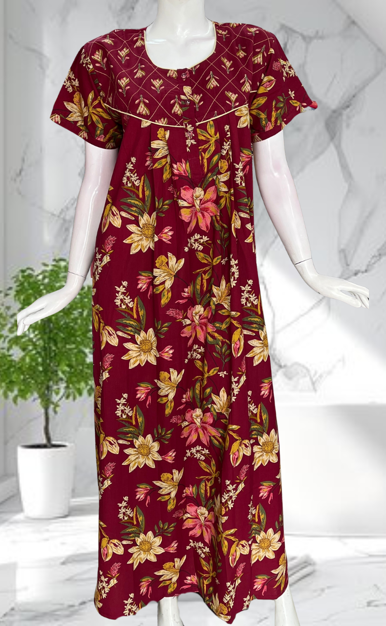 Maroon Floral Pure Cotton Nighty. Pure Durable Cotton | Laces and Frills