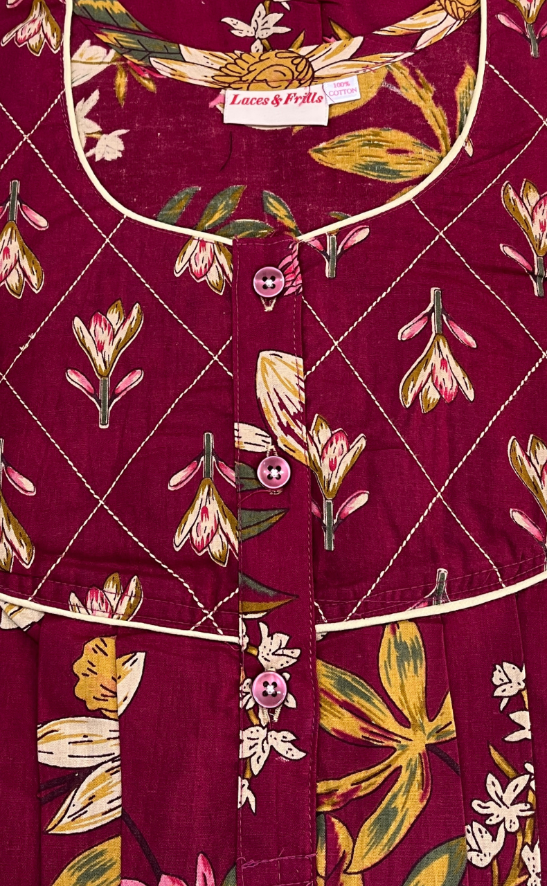 Maroon Floral Pure Cotton Nighty. Pure Durable Cotton | Laces and Frills