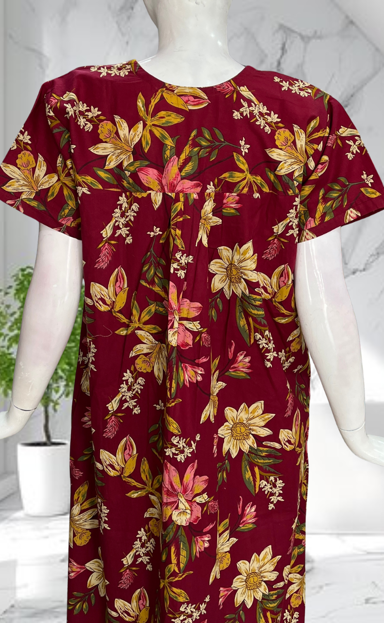 Maroon Floral Pure Cotton Nighty. Pure Durable Cotton | Laces and Frills