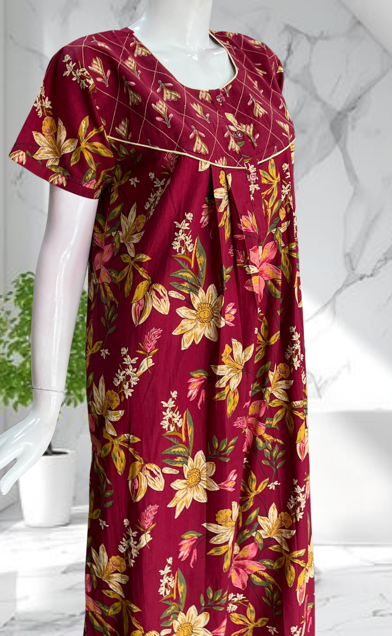 Maroon Floral Pure Cotton Nighty. Pure Durable Cotton | Laces and Frills