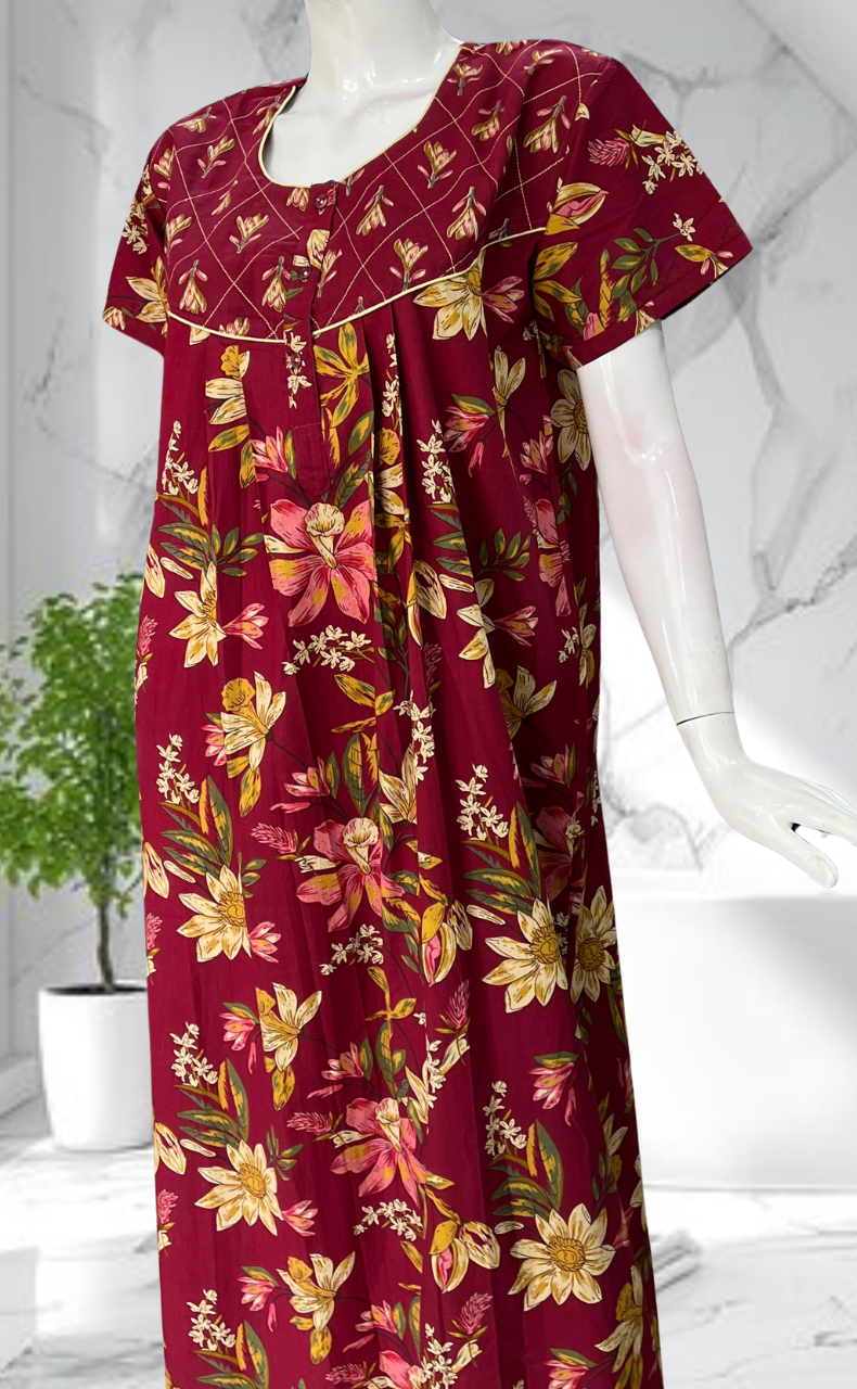 Maroon Floral Pure Cotton Nighty. Pure Durable Cotton | Laces and Frills