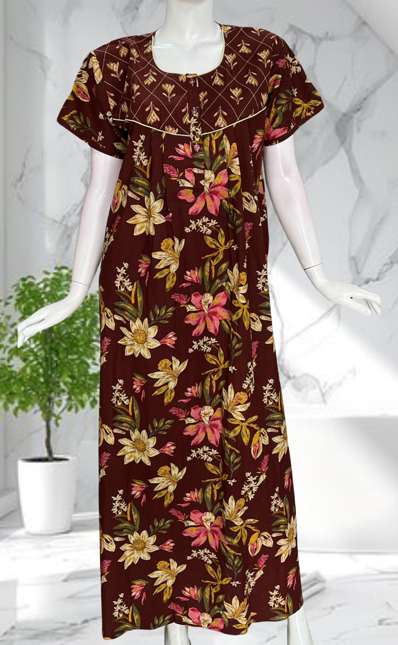 Dark Brown Floral Pure Cotton Nighty. Pure Durable Cotton | Laces and Frills