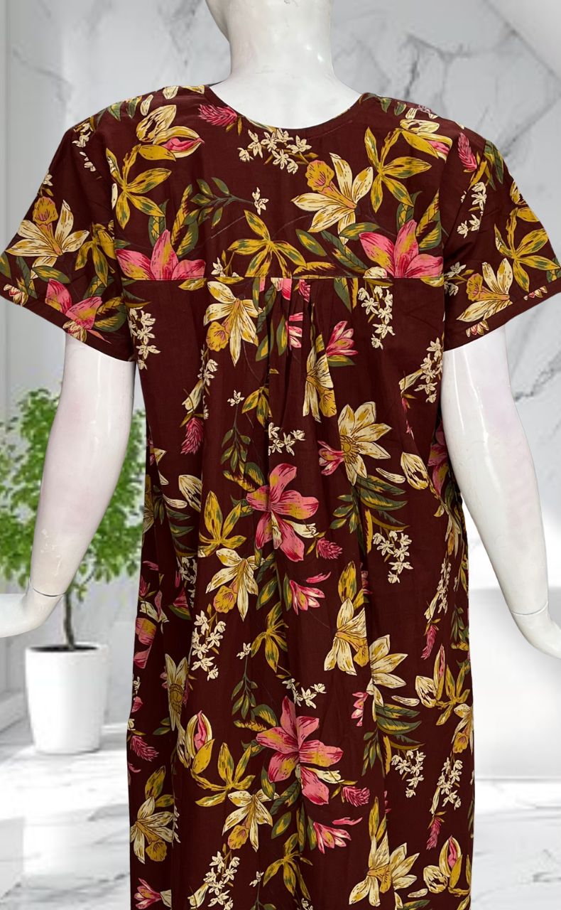 Dark Brown Floral Pure Cotton Nighty. Pure Durable Cotton | Laces and Frills
