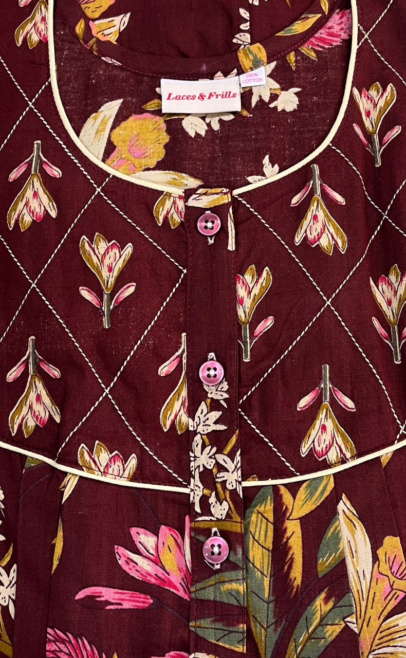 Dark Brown Floral Pure Cotton Nighty. Pure Durable Cotton | Laces and Frills